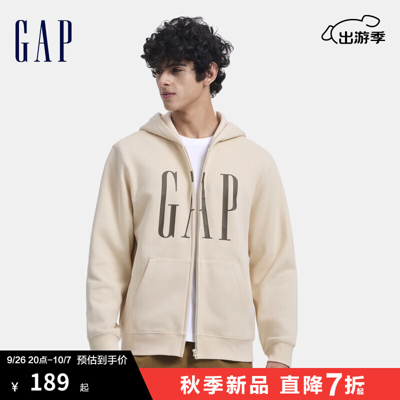 Gap男女装2024秋季新款印花字母logo抓绒连帽卫衣休闲外套660128 米色 165/88A(S) 