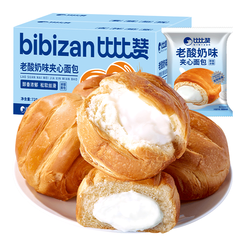 需首购、plus会员：比比赞（BIBIZAN）老酸奶味夹心面包 720g 9.4元(plus包邮)