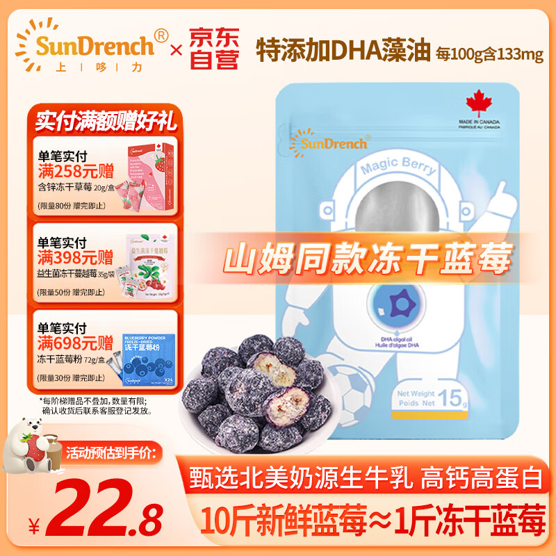 SunDrench 上哆力 DHA藻油冻干酸奶蓝莓 宝宝零食奶香浓郁易吞咽 15g 7.42元