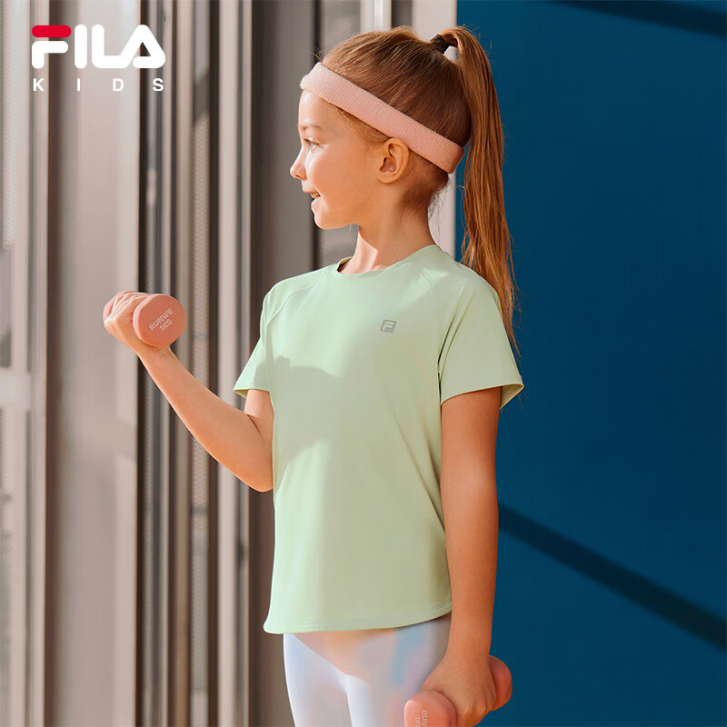 FILA 斐乐 童装儿童T恤2024夏季新款中大童短袖女童运动跑步瑜伽服 浅芽绿-LG 130cm 592.3元