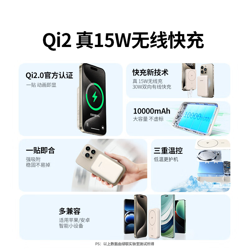 绿联 移动电源 Qi2磁吸款-30W有线快充-米黄色 10000mAh 30W 126.65元（需用券）