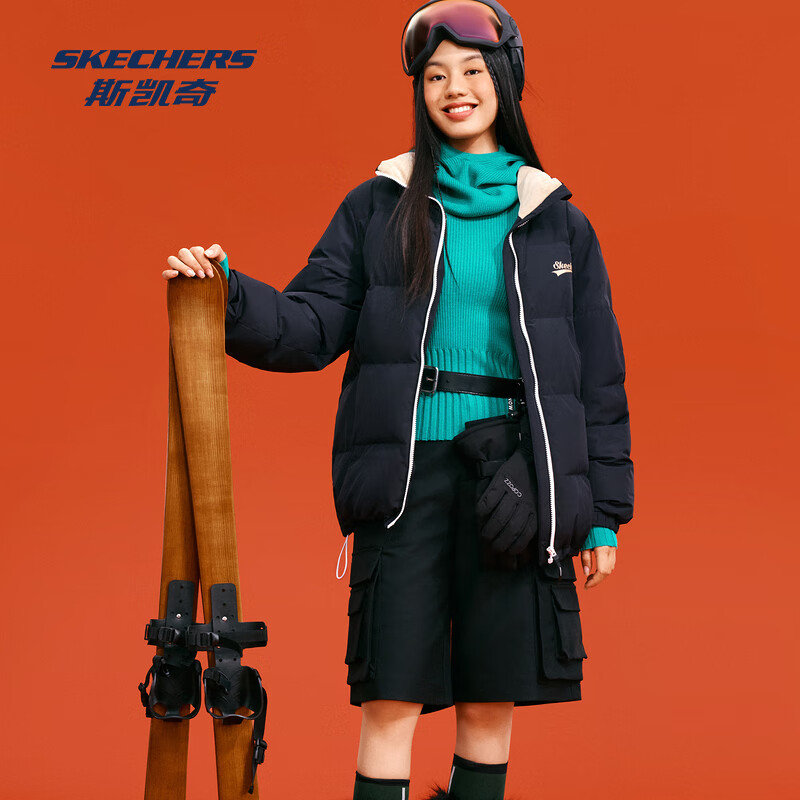 SKECHERS 斯凯奇 2024年秋冬新款羽绒服男女同款拼色立领保暖防寒百搭短款外