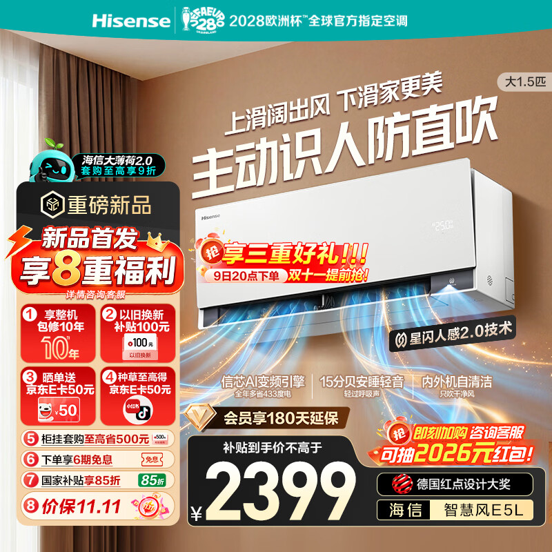 海信 KFR-35GW/E5E1-1L 主动识人防直吹 大1.5匹 壁挂式空调 1953.7元 - 86线报