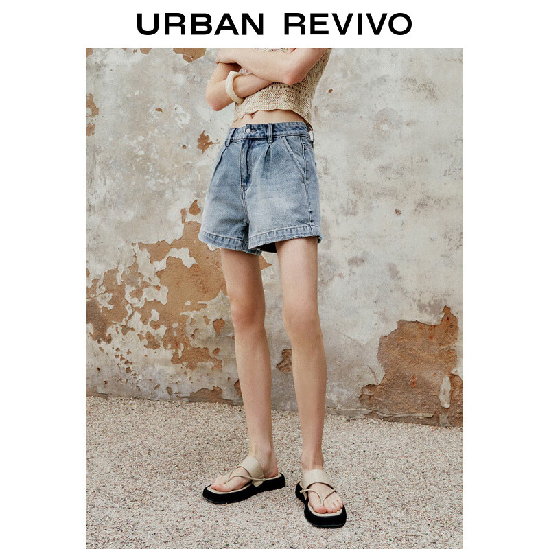 URBAN REVIVO 女士时尚休闲百搭洗水压褶牛仔短裤 UWM840011 蓝色 25 139元（需买2