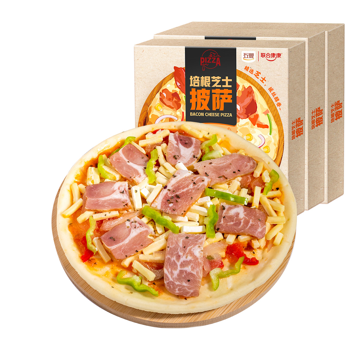 联合康康 五丰联合康康成品培根披萨加热即食速食早餐速冻成品披萨158g*3盒