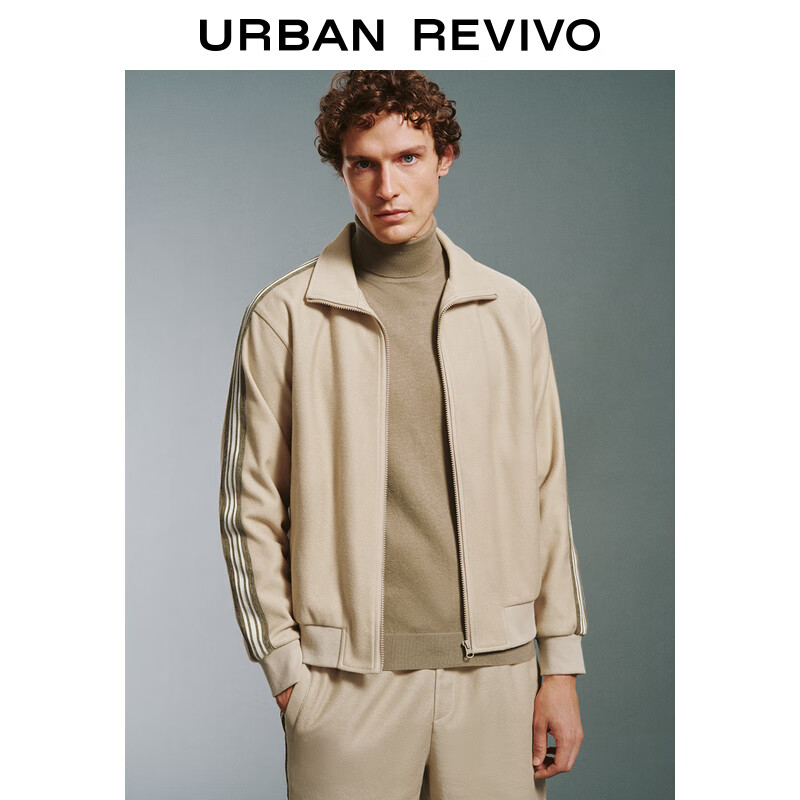 URBAN REVIVO UR2024秋冬男装时尚休闲撞色织带立领夹克外套UMM140014 深棕绿 M 279