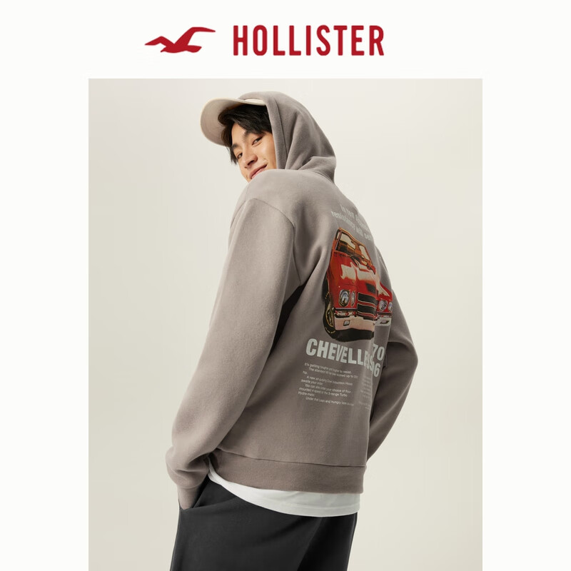 HOLLISTER 春秋抓绒情侣美式图案印花连帽卫衣男装女装KI322-3191 灰褐色 M 172.64