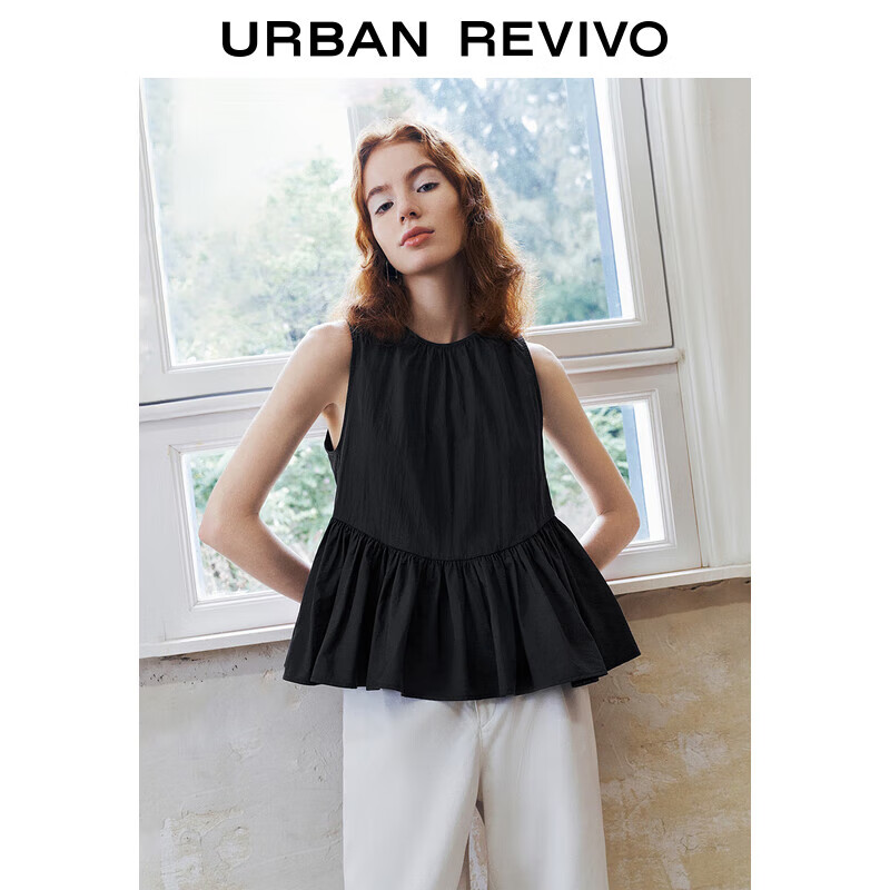 URBAN REVIVO UR2024夏季新款女装时尚气质无袖系带压褶罩衫衬衫UWU240049 179元（