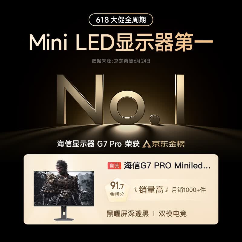海信 27G7S-PRO MiniLED 4K180Hz 月影灰 27英寸显示器 2299元 - 清风线报