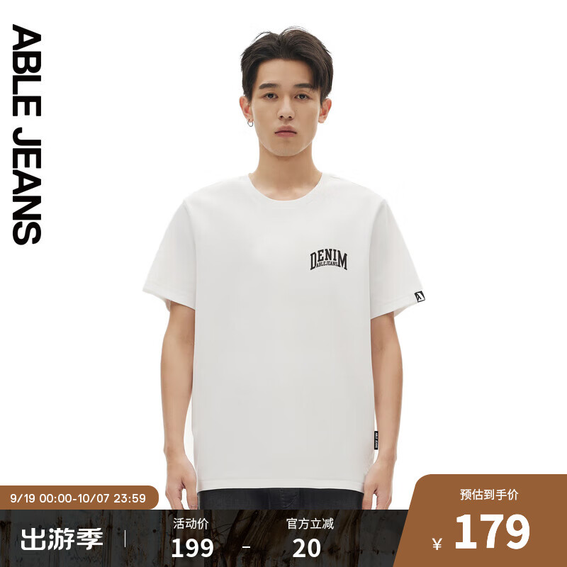 ABLE JEANS 欧帛牛仔 男t恤24夏季TEE男士复古文字街头舒适短袖T恤881248 象牙白 X