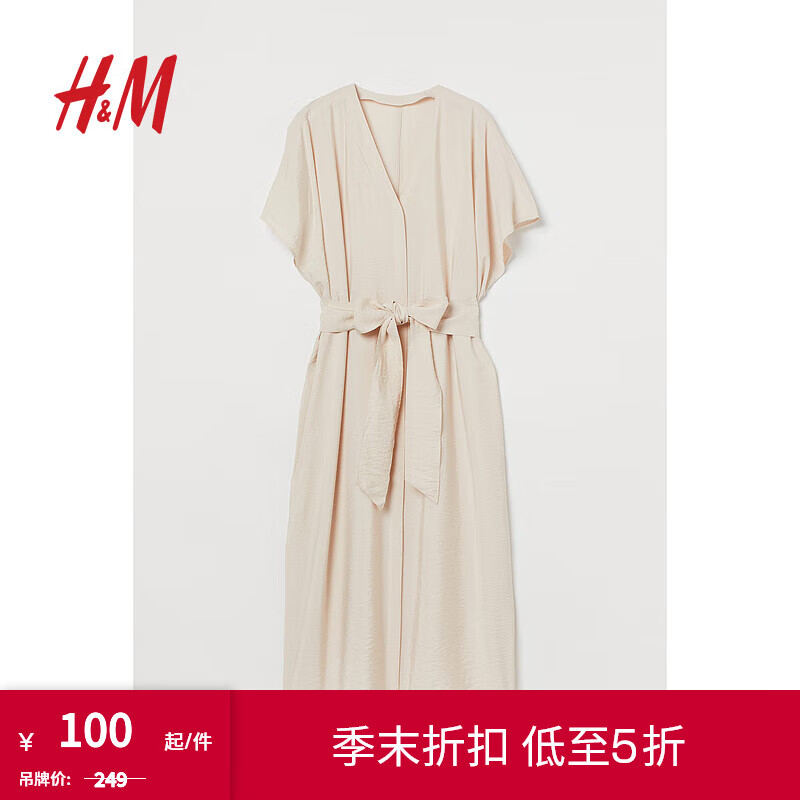 H&M HM 女装连衣裙夏季时尚腰部系带卡夫坦长衫0994907 浅米色 170/104A ￥100