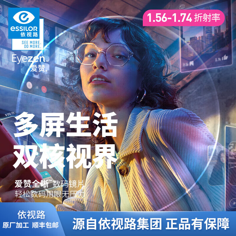 essilor 依视路 爱赞全晰 钻晶膜致1.60定制片*2+赠镜宴品牌镜框（0-800度） ￥53