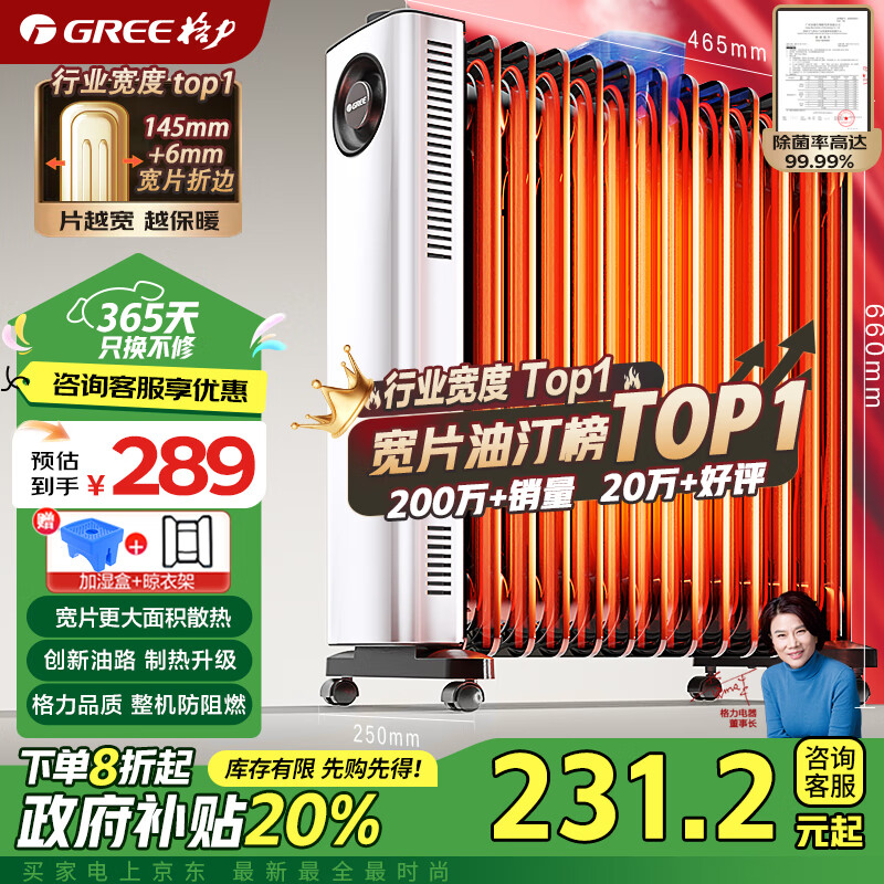 移动端、京东百亿补贴：GREE 格力 NDY23-X6022 电热油汀 13片 289元