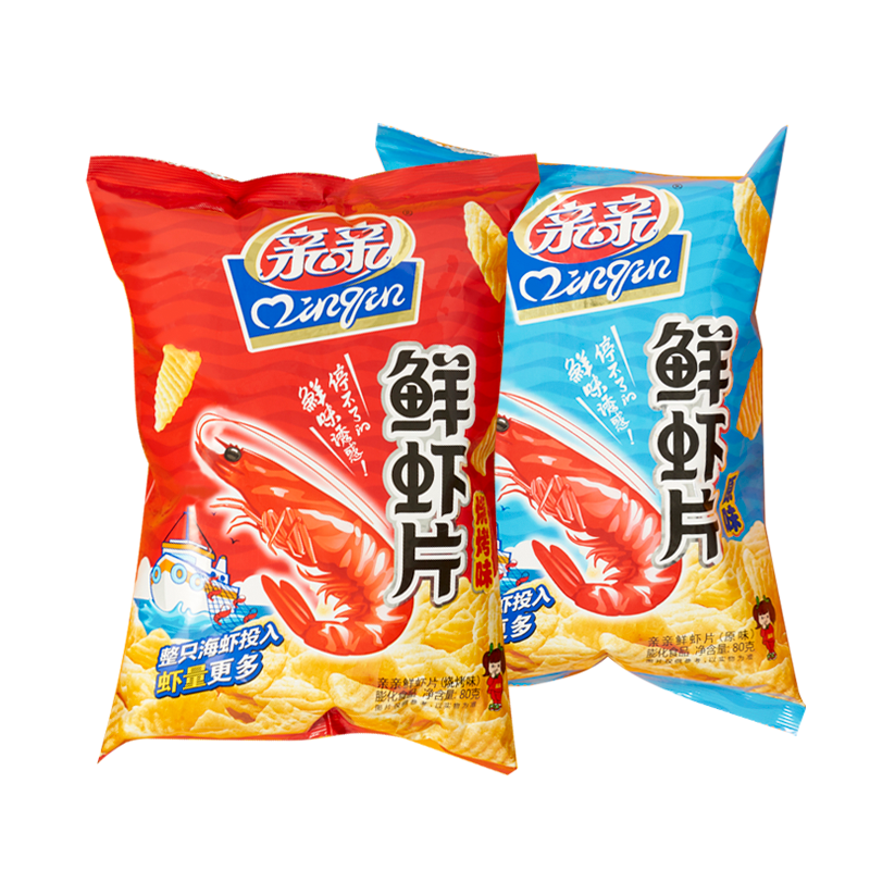 Plus会员：Qinqin 亲亲 鲜虾片 休闲零食 膨化食品 网红小零食 80g原味*7包（烧
