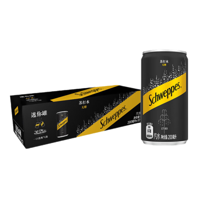 再降价、三人团：可口可乐怡泉 Schweppes 无糖零卡 苏打水 汽水饮料 200ml*12罐