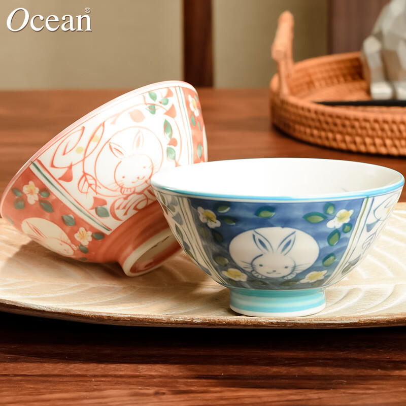 Ocean日本进口日式拉面碗釉下彩陶瓷牛肉汤面碗 2个白兔款 79元