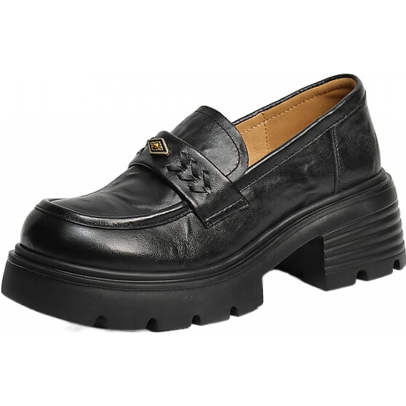 百丽 复古抓皱羊皮 女士乐福鞋 黑色 37 (235mm) 429元（需用券）