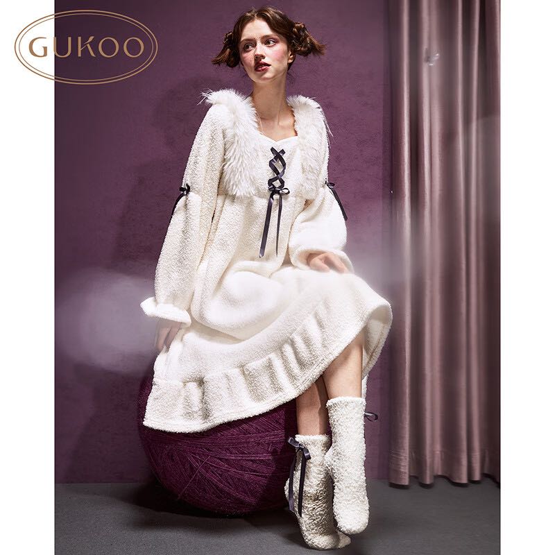 移动端：GUKOO 果壳 睡裙女冬季芭蕾风高级纯色新款女家居服 109元（需用券
