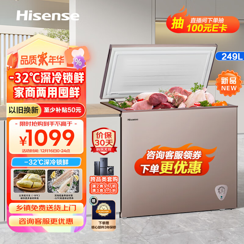 Hisense 海信 249升低霜大容量家用商用冰柜 卧式冷冻冷藏转换柜 雪糕冰柜 深