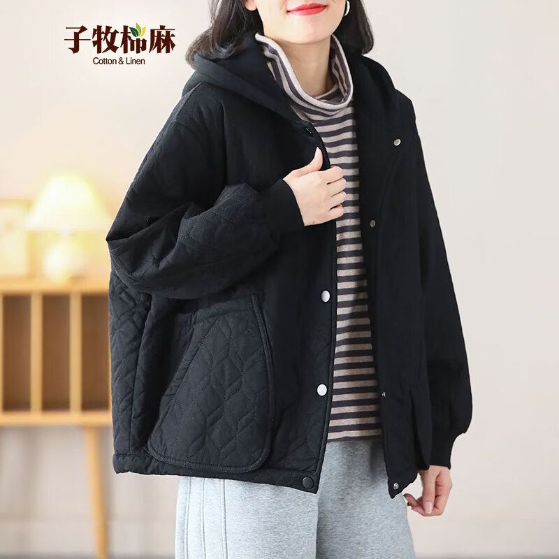 子牧棉麻 棉服上衣3369 黑色 M(建议95-115斤) ￥88.16