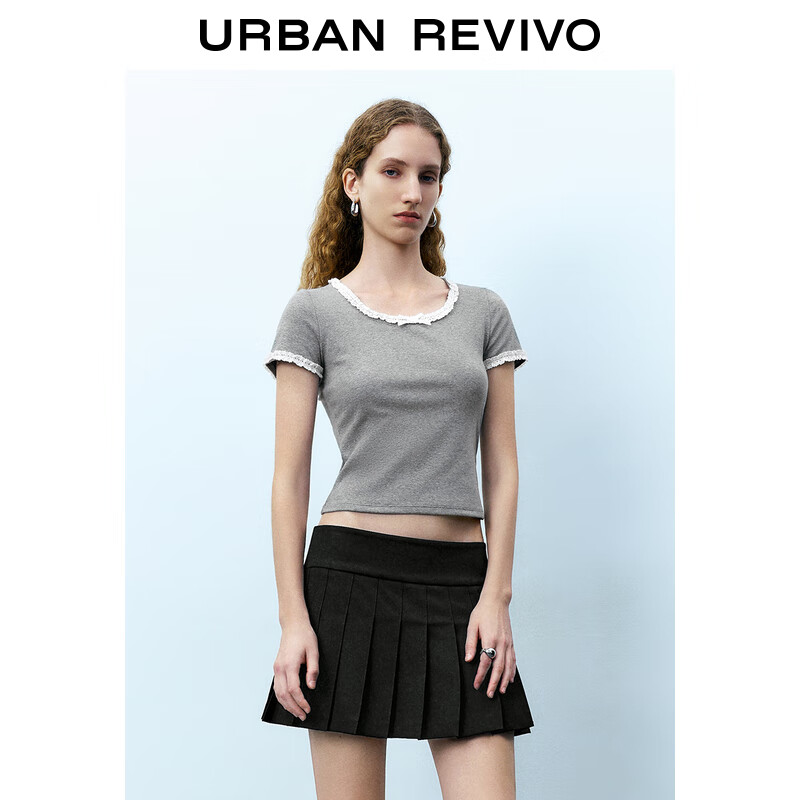 URBAN REVIVO UR2024秋季女装时尚撞色蕾丝花边蝴蝶结短袖T恤UYU440018 花灰 M 99元