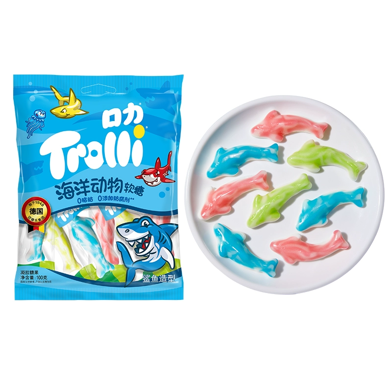 Trolli 口力 鲨鱼儿童糖果健康休闲小零食圣诞果汁水果德国软糖棒棒糖 100g*2
