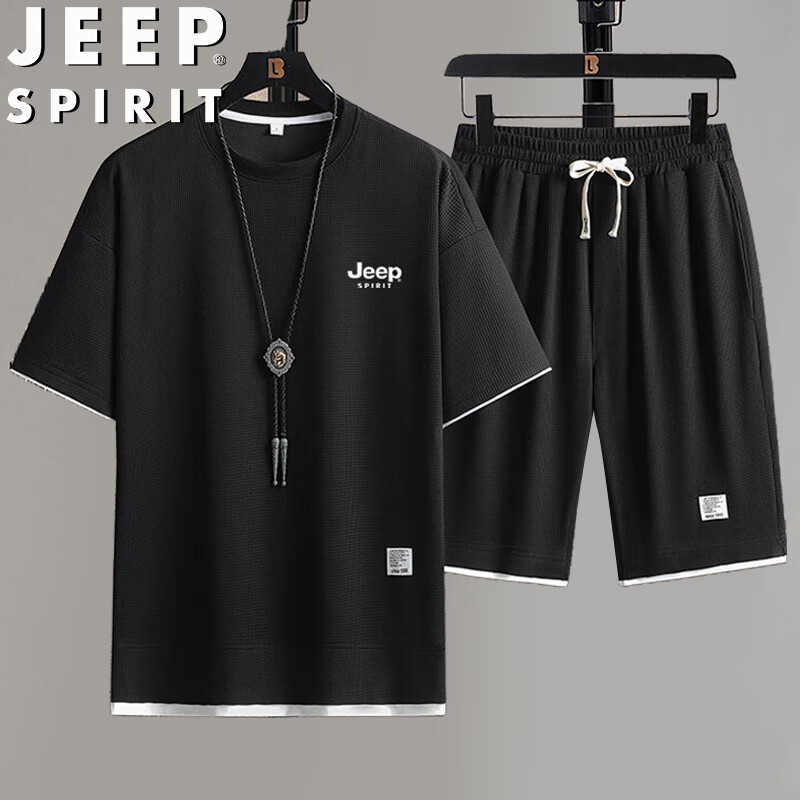 JEEP SPIRIT 吉普套装男夏季T恤短裤两件套休闲户外运动百搭男装 黑色 L 115.1元