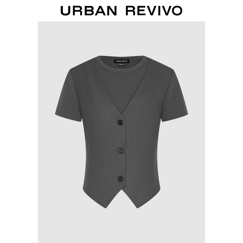 URBAN REVIVO UR2024秋季女装气质假两拼接马甲设计感短袖T恤UWJ440112 冷灰 XL 279元