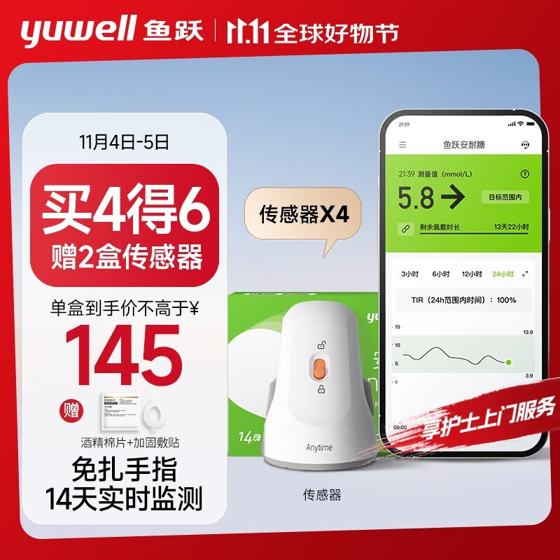 yuwell 鱼跃 安耐糖动态监测仪 4只装（不含发射器）买4得6 760.08元（折126.68元