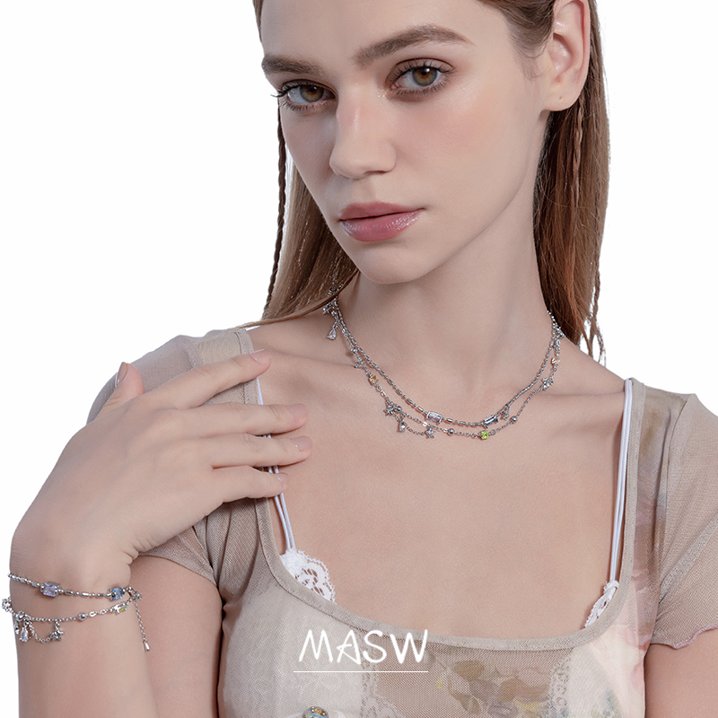 Masw 麻秀 设计高级感星星锁骨链甜酷双层叠带项链小众爱心锆石颈链 79元（