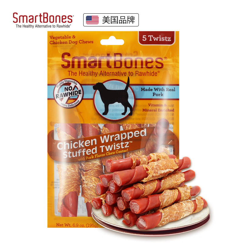 SmartBones 宠物狗狗零食磨牙棒 猪肉味夹芯粗皮卷缠鸡肉 5支装 19.5元包邮（需