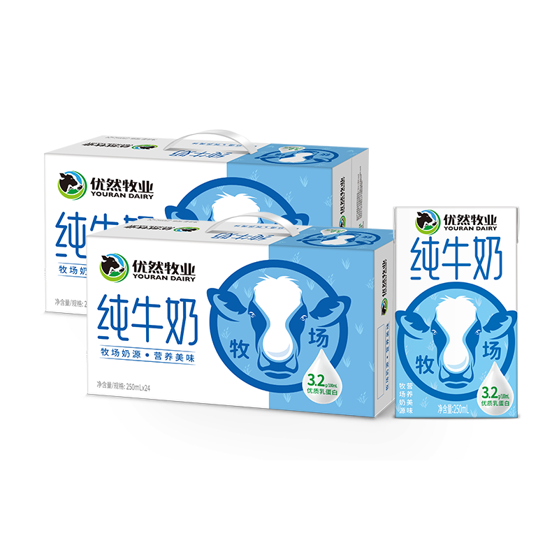 plus会员：优然牧业 3.2g优质乳蛋白纯牛奶 250ml*24盒/箱*2箱 68.23元（需领券、