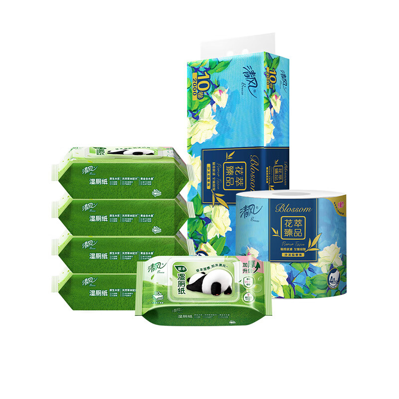 清风 花萃卷纸4层200克 10卷 湿厕纸80片 5包 卷厕组套 搭配使用 105.9元