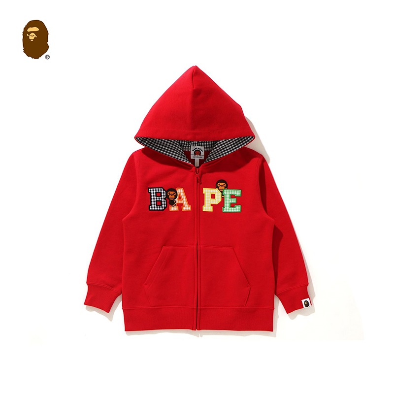 bape 童装春夏卡通baby milo刺绣格纹字母图案连帽拉链卫衣315601g
