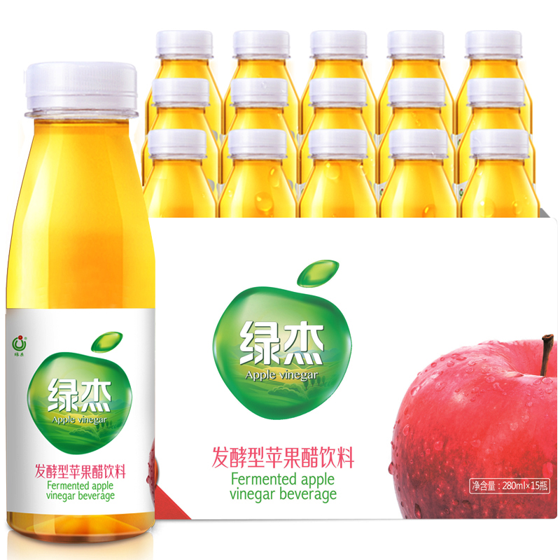 Apple Vinegar 绿杰 苹果醋饮料280ml*15瓶整箱 发酵型苹果醋0添加蔗糖0添加脂肪