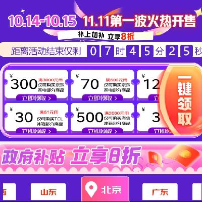 促销活动：京东 双11 冰箱主会场 新增满3000减300元冰箱品类券 叠加国补更优