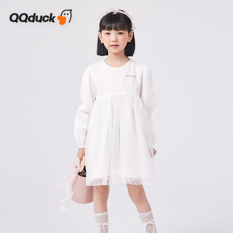 QQ duck 可可鸭 童装女童连衣裙儿童公主纱裙学生复古风裙子菱格星星白色；130 109.2元（需买2件，共218.4元）