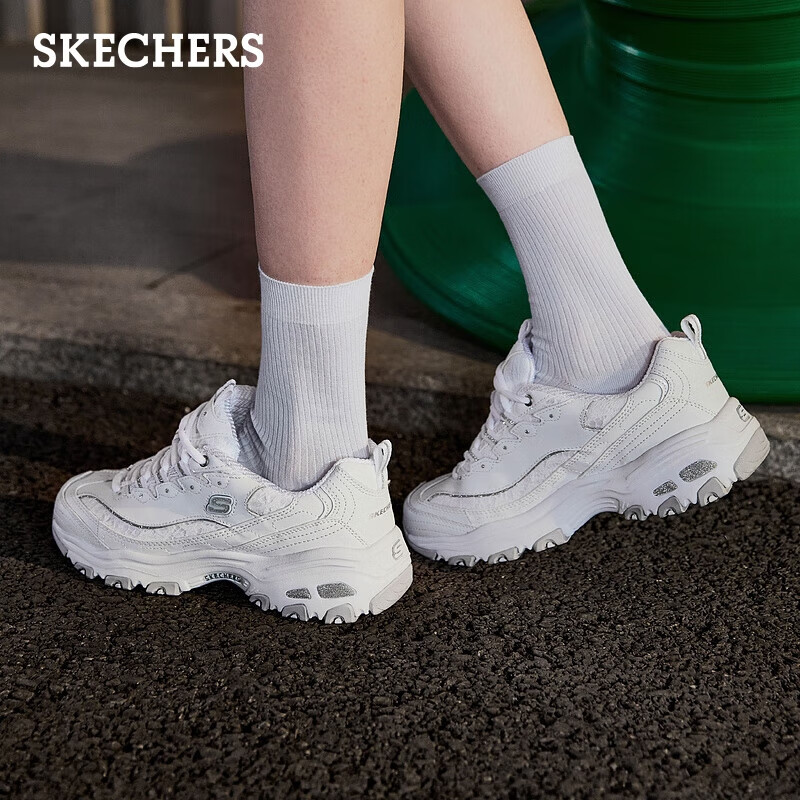 SKECHERS 斯凯奇 女鞋夏季舒适透气老爹鞋增高厚底百搭休闲熊猫鞋 黑色/白色 