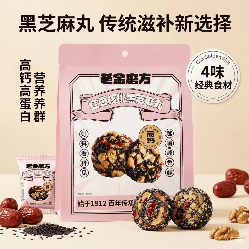 老金磨方 红枣核桃黑芝麻丸九蒸九晒孕妇可食滋补零食150g 红枣核桃黑芝麻