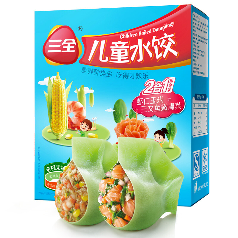 三全 儿童水饺 虾仁玉米味+三文鱼嫩青菜味 300g 42只 （任选5件） 9.65元（需