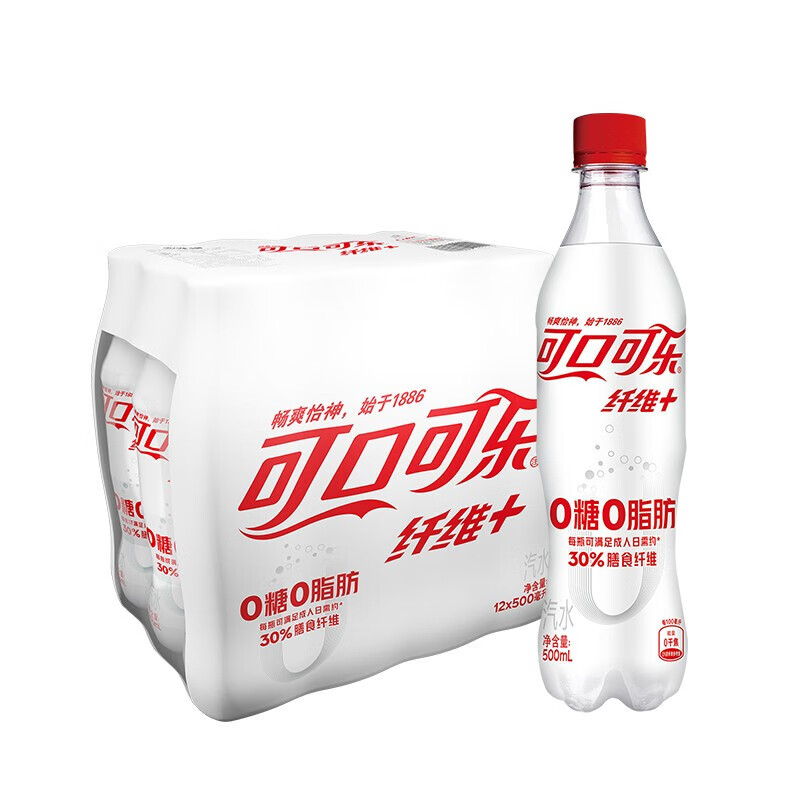 Coca-Cola 可口可乐 纤维+零卡无糖 30%膳食纤维 汽水 500ml*12瓶 33.9元（需用券）