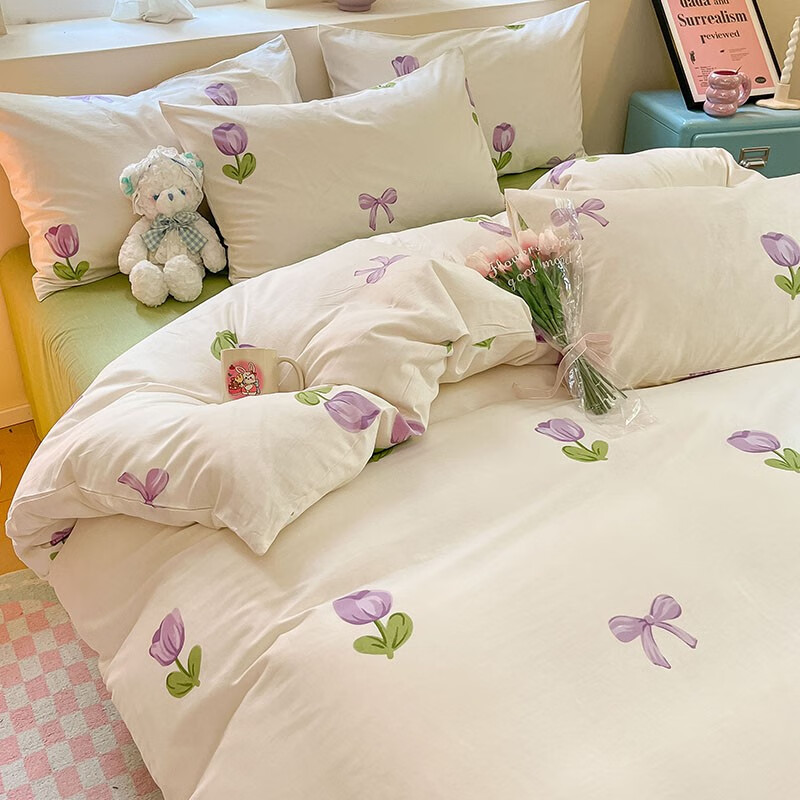 AIDLI 四件套纯棉床上用品枕套被套床单全棉套件 紫韵 200*230cm四件 129元（需