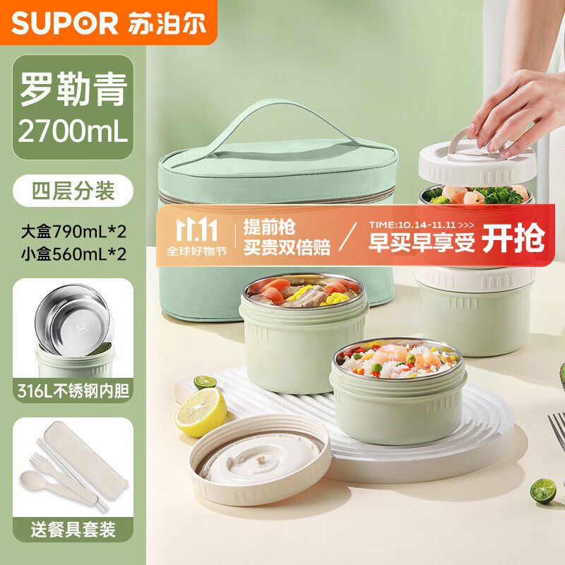 SUPOR 苏泊尔 316L不锈钢保温饭盒 四件套配提包 罗勒青 127.65元