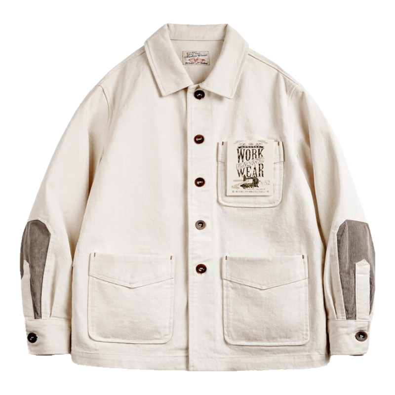 马登 工装复古重磅棉籽壳夹克灯芯绒撞色拼接外套纯棉白牛翻领上衣男秋 