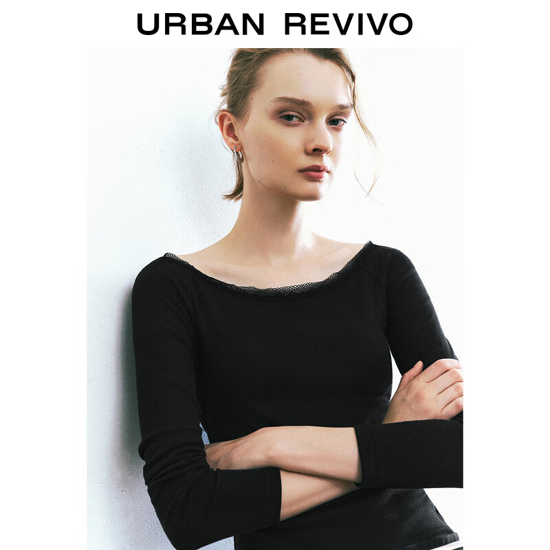 URBAN REVIVO UR2024秋季女装蕾丝花边打底外穿修身长袖T恤UYY440035 黑色 S 68.61元