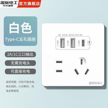 fdd 国际电工 双USB插座面板 20W 五孔2.1A双USB+type-c ￥11.68