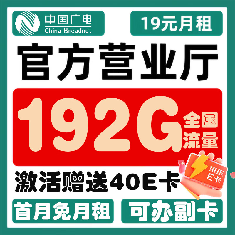 中国移动 青云卡 19元/月（192G纯通用+首月免月租+可办副卡+本都归属）激活