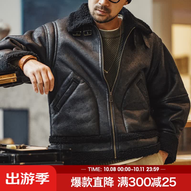 马登 美式复古B3轰炸机仿皮质感夹克一体加绒加厚机车服外套男冬 黑色 S 353.9元 - 清风线报