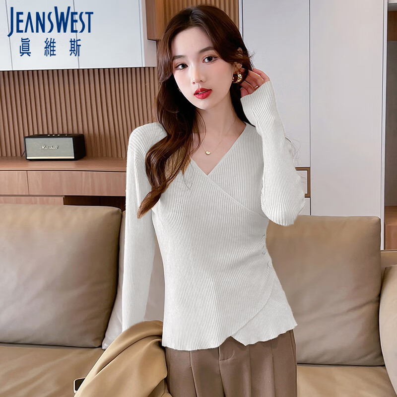 JEANSWEST 真维斯 针织衫女不规则设计感小众秋季修身v领别致长袖打底衫白色