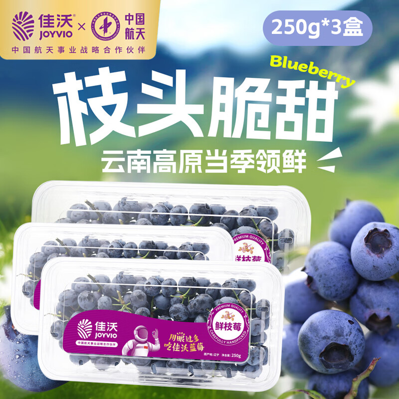 31日20点开始：joyvio 佳沃 蓝莓鲜枝莓14mm+ 3盒礼盒装 约250g/盒 69.9元包邮（需